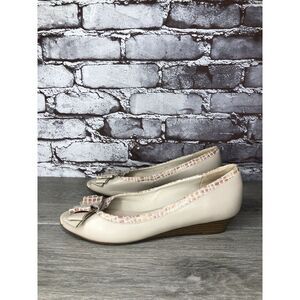 LE SAUNDA Ivory Leather Pink Croc Bow Peep Toe Wedges Women’s Sz 38EU/7.5M US